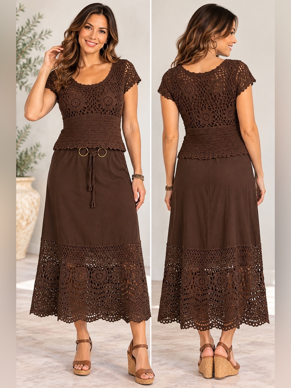 Vintage Bandolino Crochet Top Midi Skirt 2 Piece Set Sizes M 8 Brown Linen Rayon
